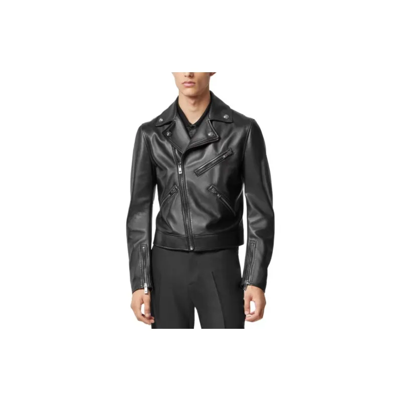 VERSACE Zip Up Leather Biker Jacket-2