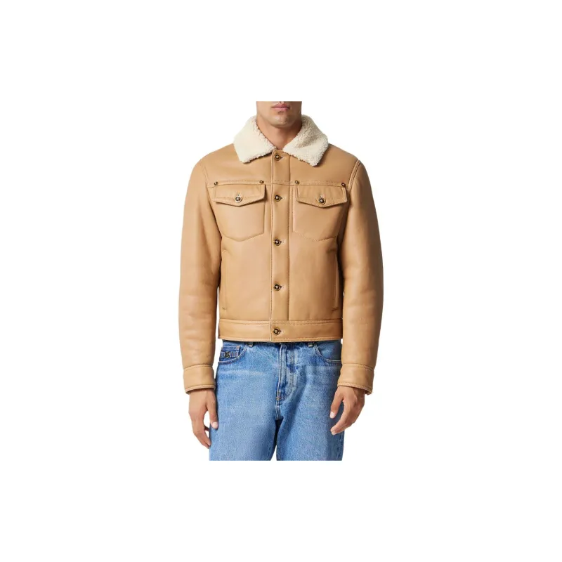 VERSACE Shearling-collar Panelled Leather Jacket-1
