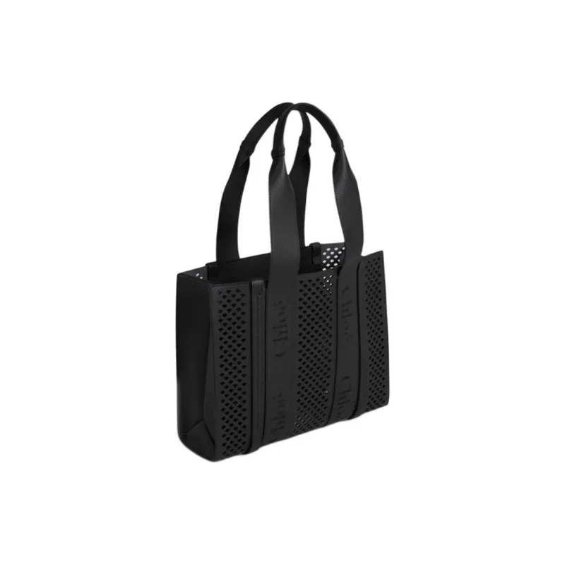 Chloe Woody Leather Tote Bag, Shopping Bag, Handbag Medium Size Women's Black-2