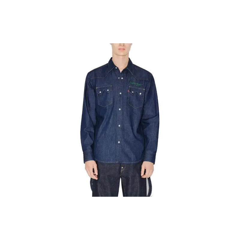 KENZO Logo Embroidered Buttoned Denim Shirt-5