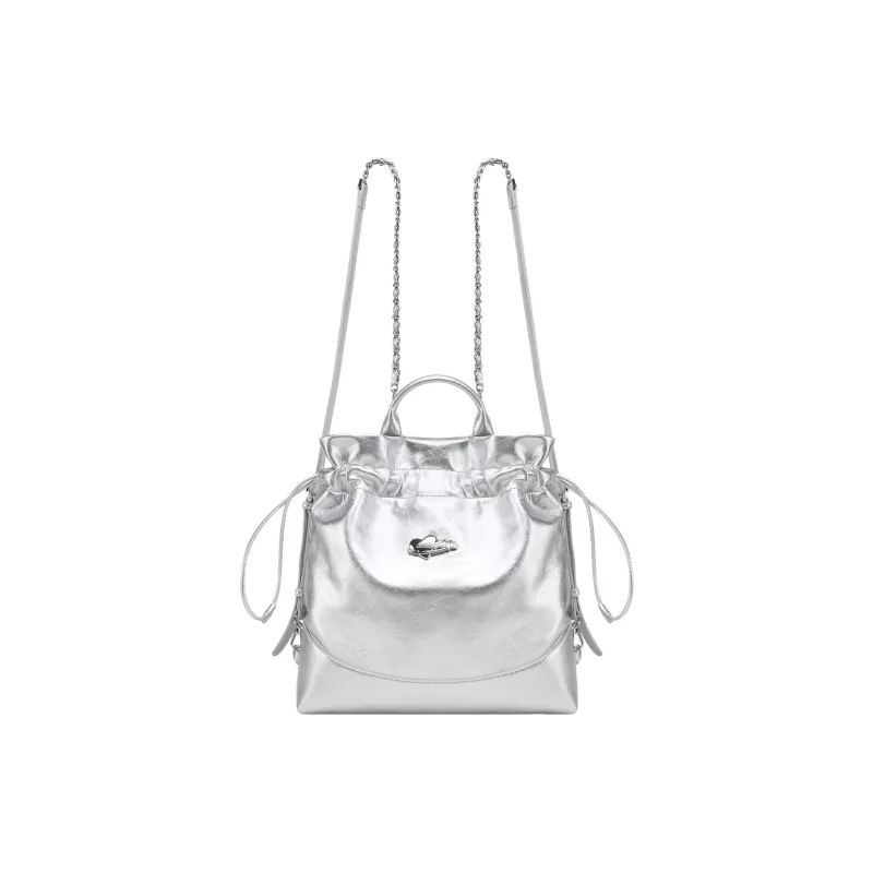ONE TIME Synthetic Leather Thorn Heart Tote Bag Trash Bag Shoulder Bag Large Size Women's Metallic Silver/Black Oil Wax-1