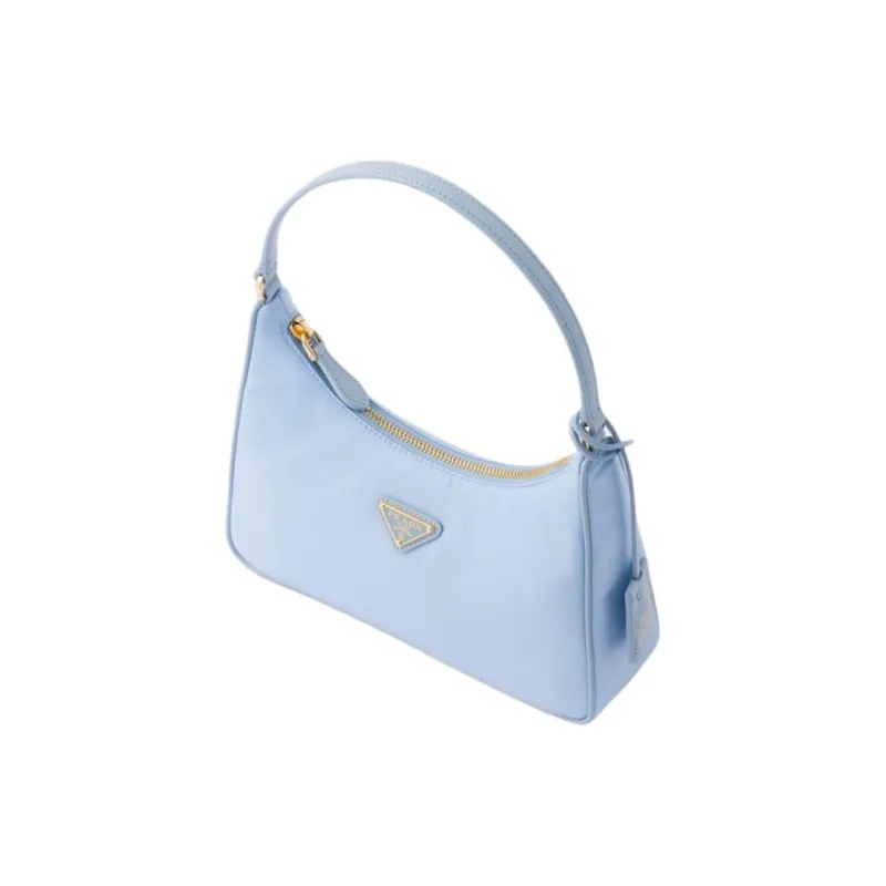 PRADA Re Edition Leather Hobo Bag, One Shoulder Handbag Mini Women's Light Blue-1