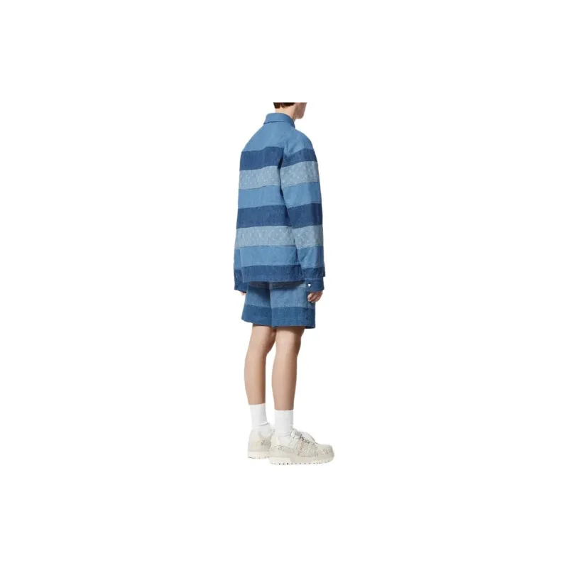 LOUIS VUITTON Patchwork Long Sleeved Denim Polo Shirt-3