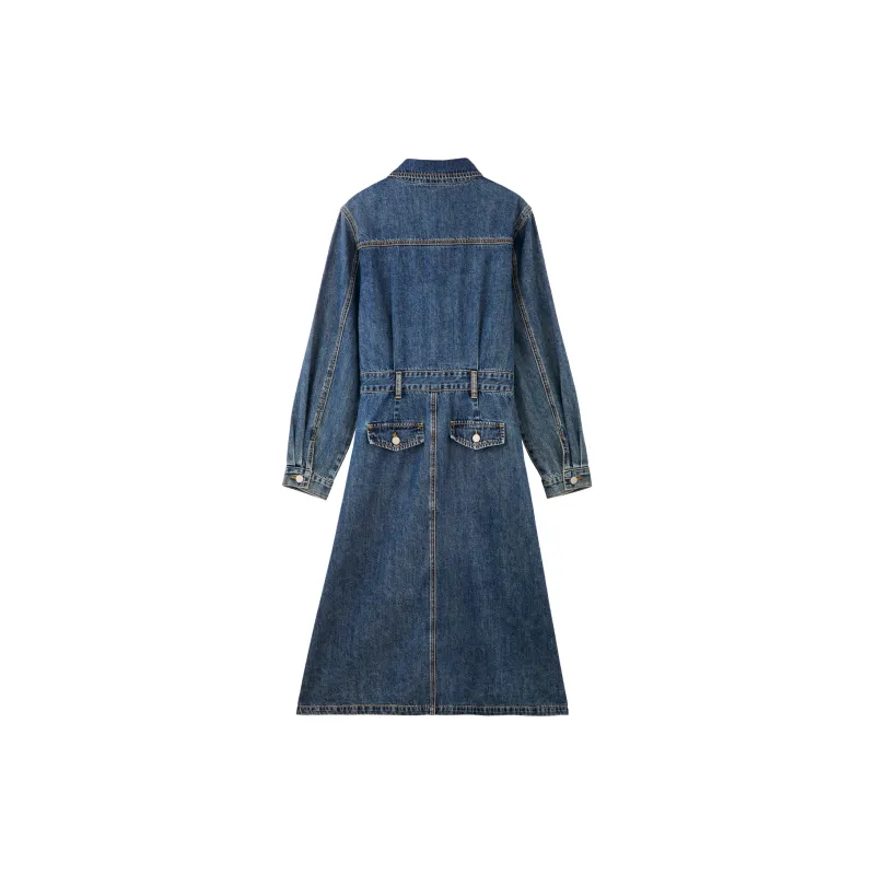 BASIC HOUSE Long-Sleeved Dresses Women's Denim Blue-1