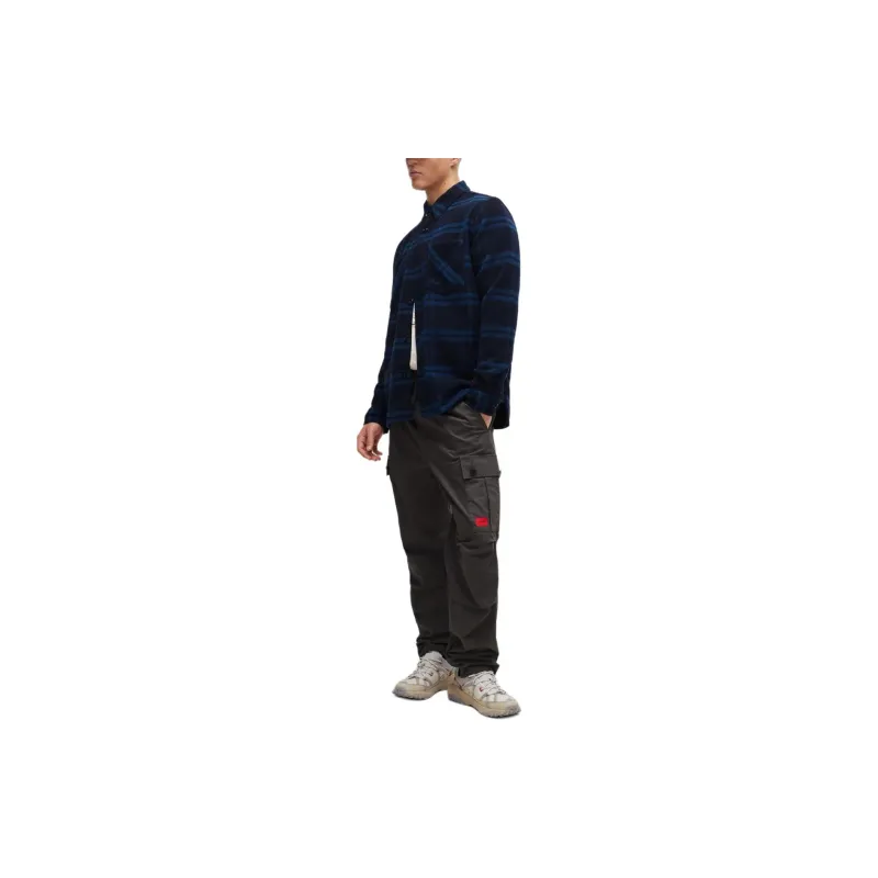 HUGO BOSS Oversized Fit Overshirt In Checked Brushed Fabric Shirt Men's Blue-3