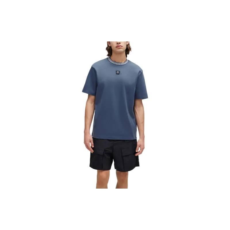 HUGO BOSS Interlock Cotton T Shirt With Chain Print Collar T Shirt Men's Blue-2