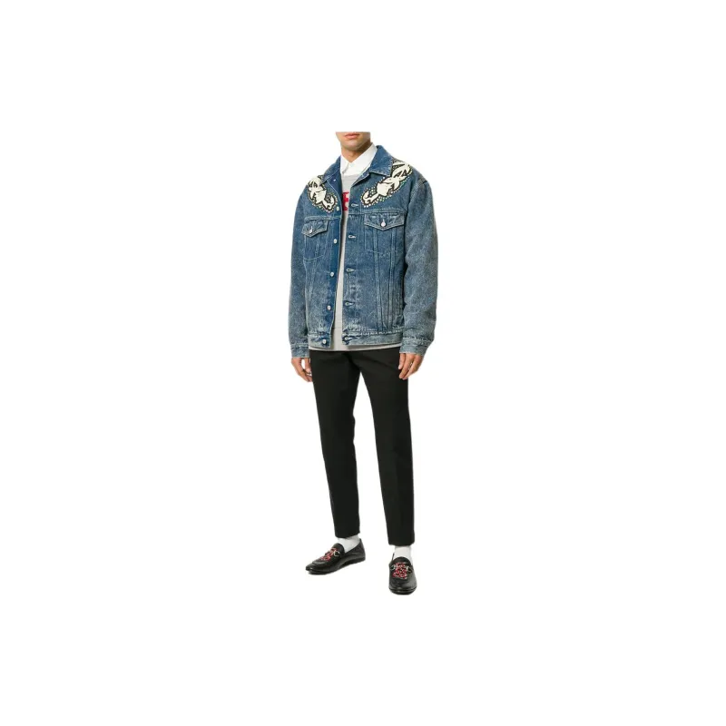 GUCCI Logo Print Denim Jacket With Floral Appliqués-1