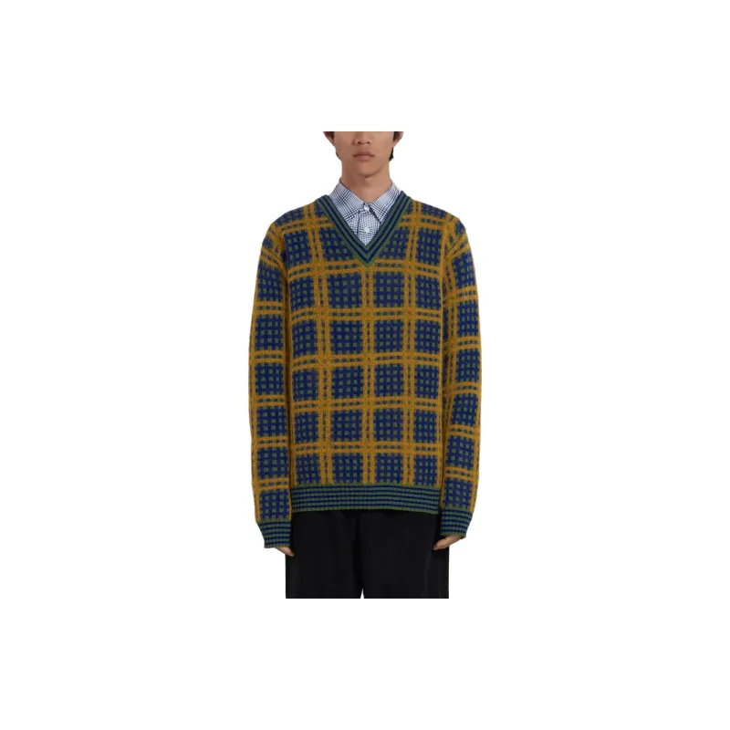 MARNI V Neck Checked Knit Jumper-3