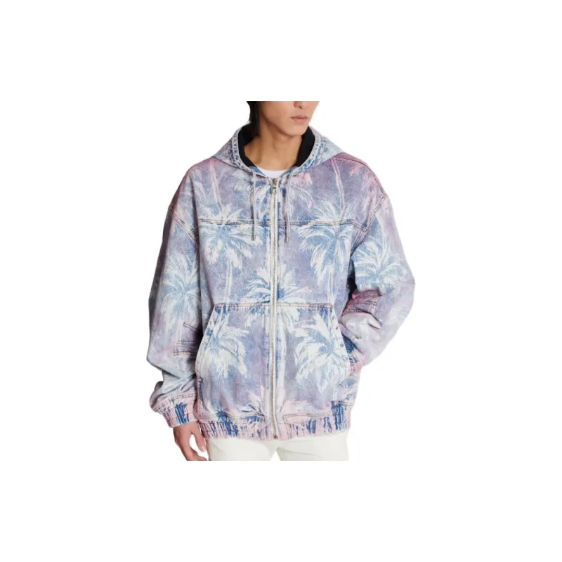 BALMAIN Palm Tree Printed Denim Hooded Bomber Jacket-4