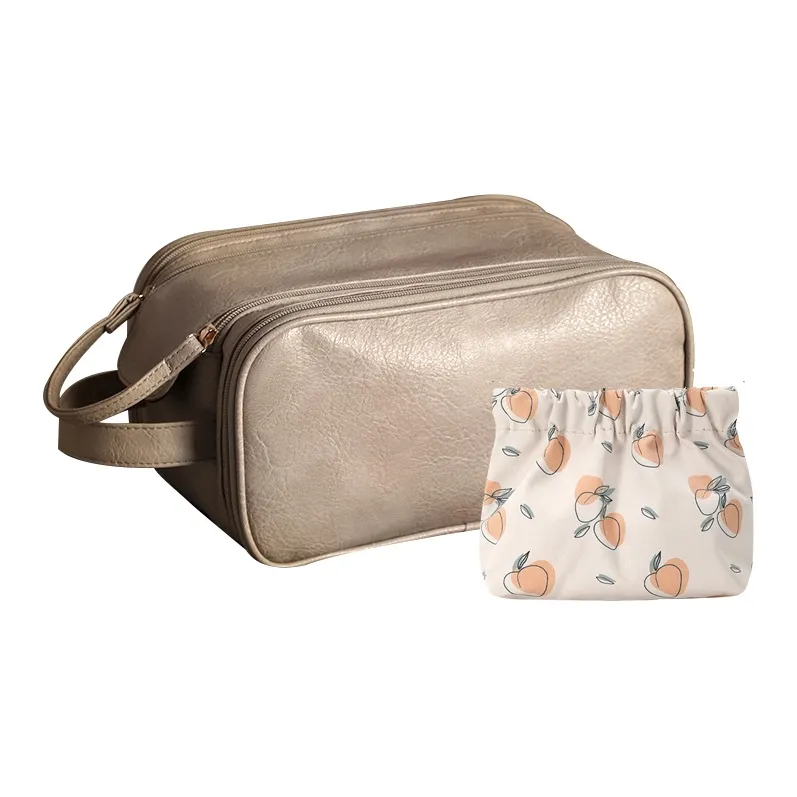 LOHAS Travel Leather Toiletry Bag Makeup Bag Regular Unisex Ecru/Black/Lotus Color-8