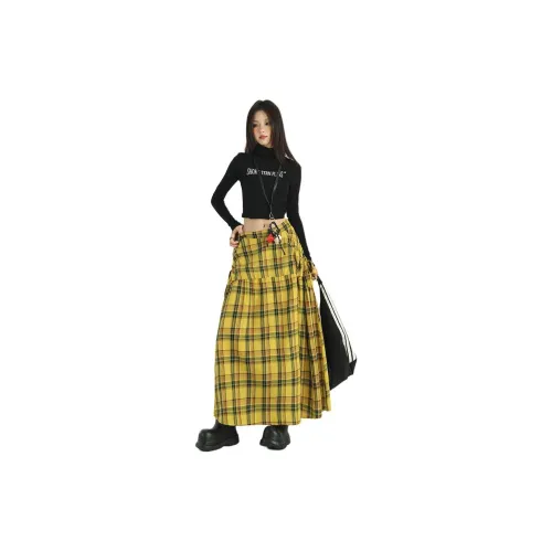 Rose Casual Long Skirts Women's Yellow Plaid