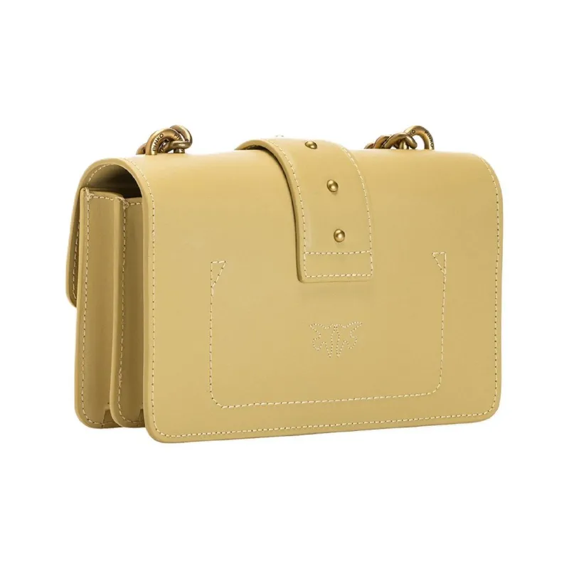 PINKO SIMPLY Grain Leather Swallow Bag, Chain Bag, Crossbody Bag, Shoulder Bag Mini Women's Beige Yellow-1