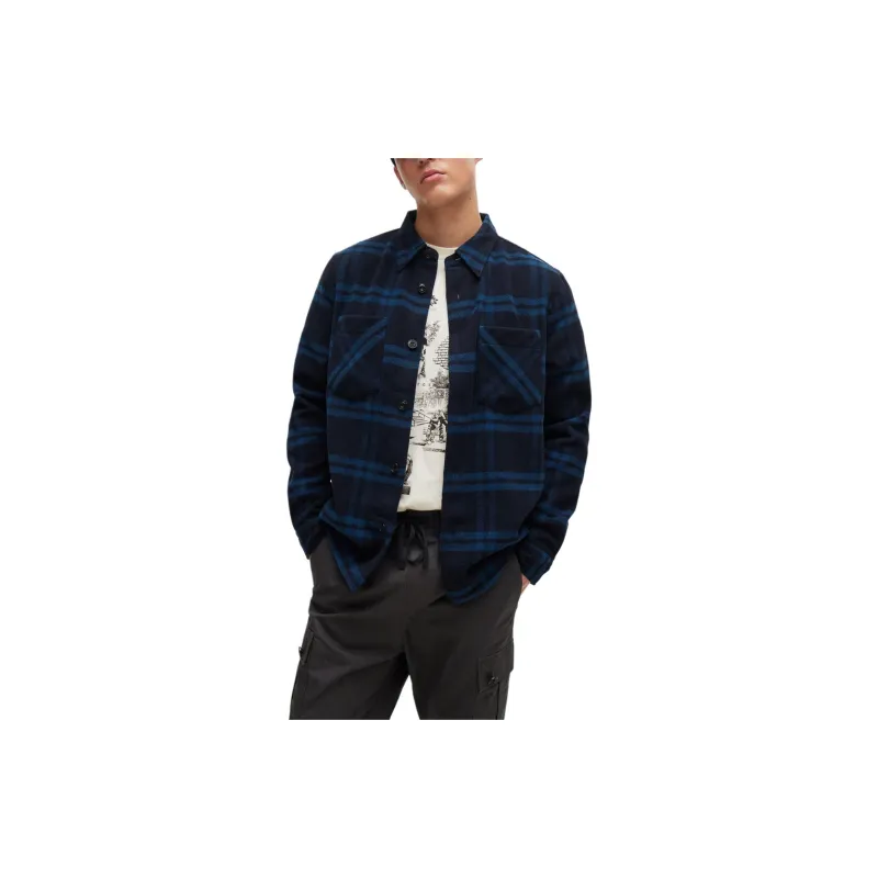 HUGO BOSS Oversized Fit Overshirt In Checked Brushed Fabric Shirt Men's Blue-1