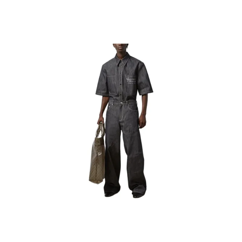 GUCCI Denim Shirt With Jacquard Detail Shirt Men's Dark Blue-1