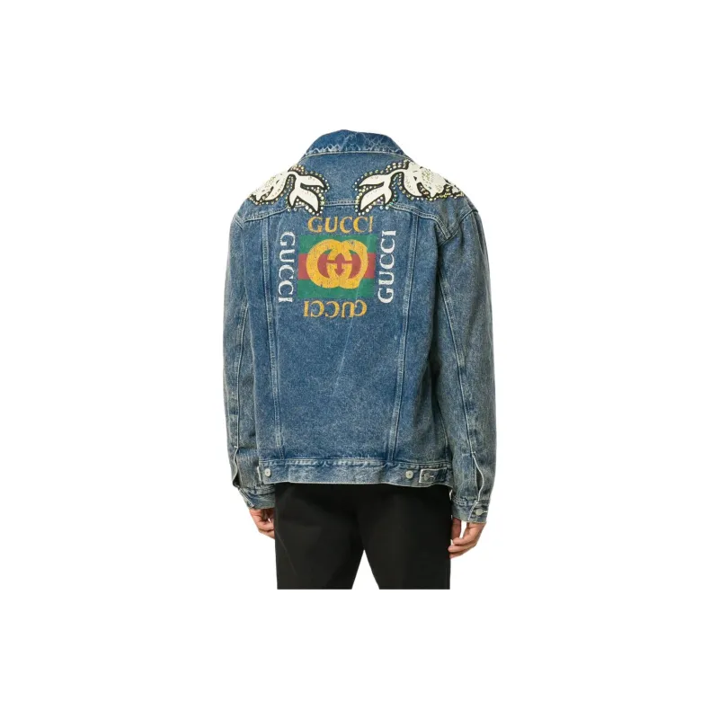 GUCCI Logo Print Denim Jacket With Floral Appliqués-2