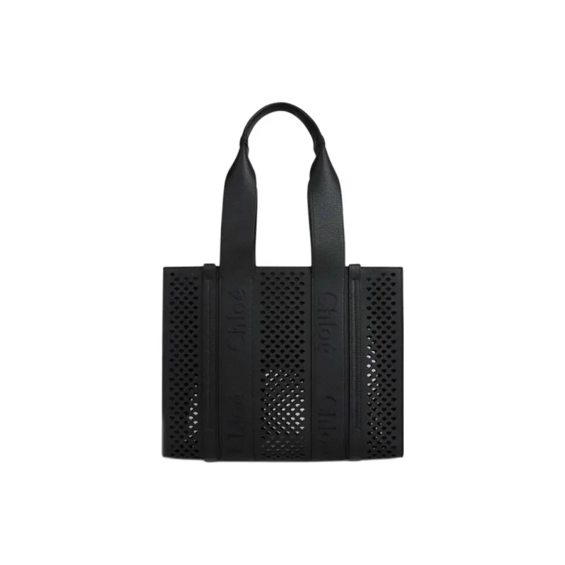 Chloe Woody Leather Tote Bag, Shopping Bag, Handbag Medium Size Women's Black-1