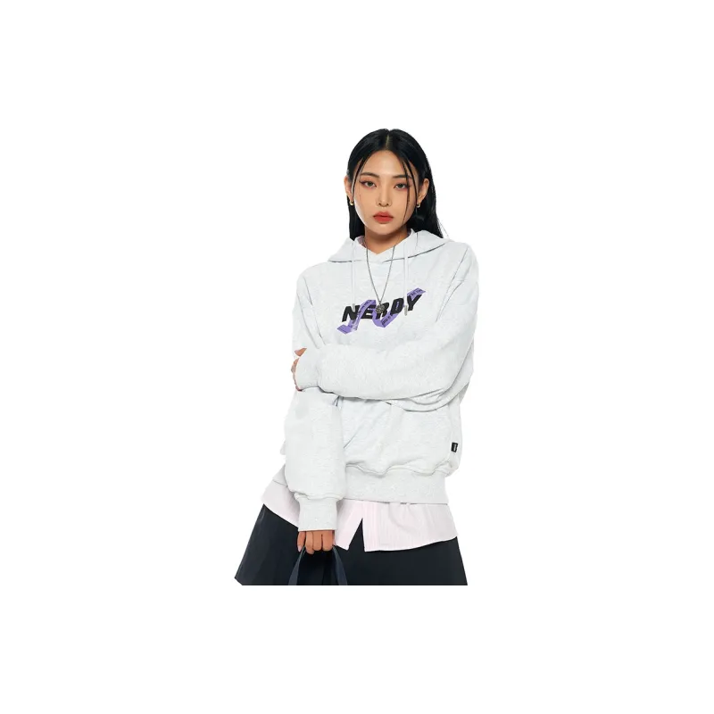 NERDY Hooded Loose Fit Sweatshirt Unisex Gray White-5