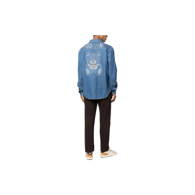 MOSCHINO Teddy Bear-Printed Buttoned Denim Shirt-3