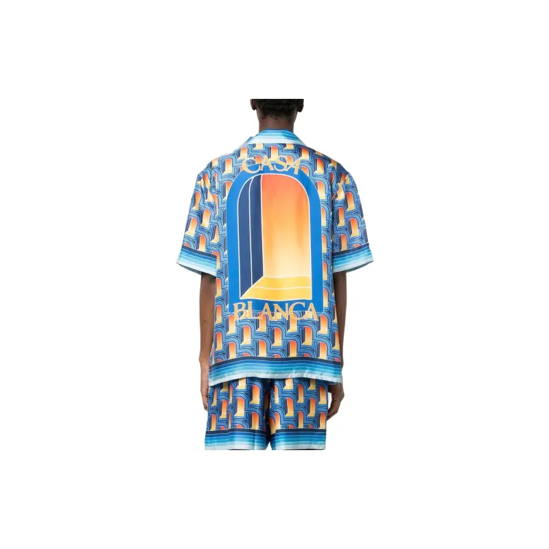 CASABLANCA L'Arche De Nuit Cuban Collar Silk Shirt-2