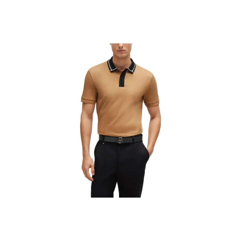 HUGO BOSS Mercerised Cotton Slim Fit Polo Shirt With Contrast Stripes Polo Shirt Men's Light Umber-2