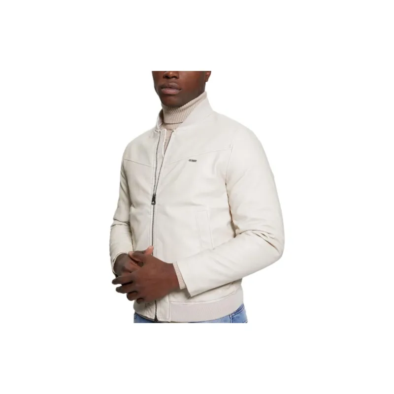GUESS Faux-Leather Aviator Jacket Jackets Coats Men's White-3