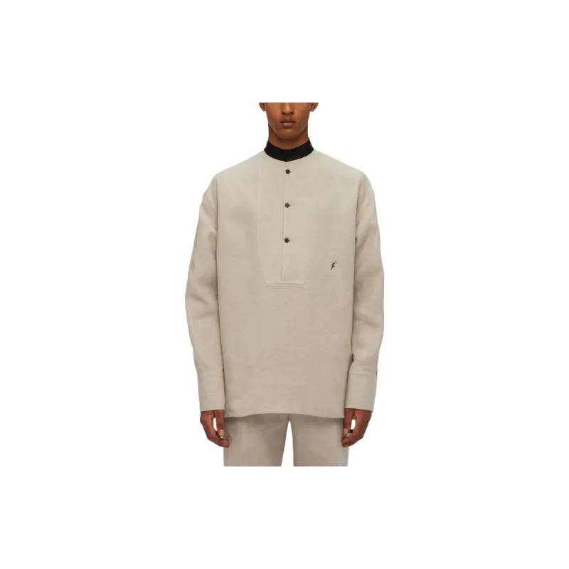 Ferragamo Collarless Logo-embroidery Linen Shirt-3