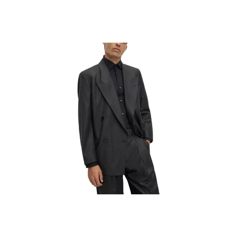 HUGO BOSS Double-Breasted Suit In Checked Virgin Wool Business Suits Men's Dark Gray-1
