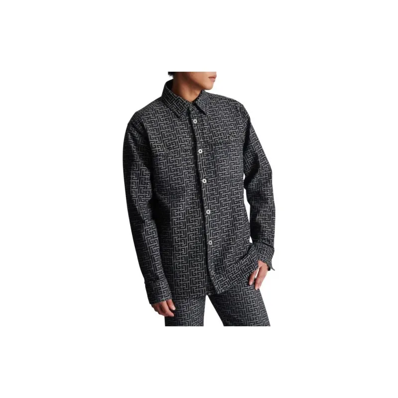BALMAIN Monogrammed Jacquard Denim Shirt-5