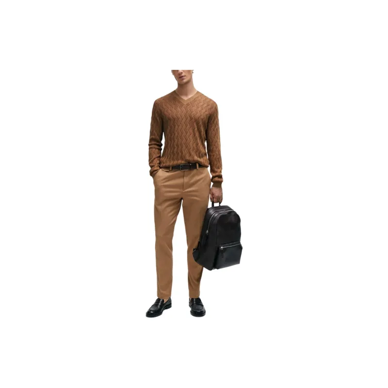 HUGO BOSS Aran-Knit Sweater In Two-Tone Silk Sweater Men's Brown-3