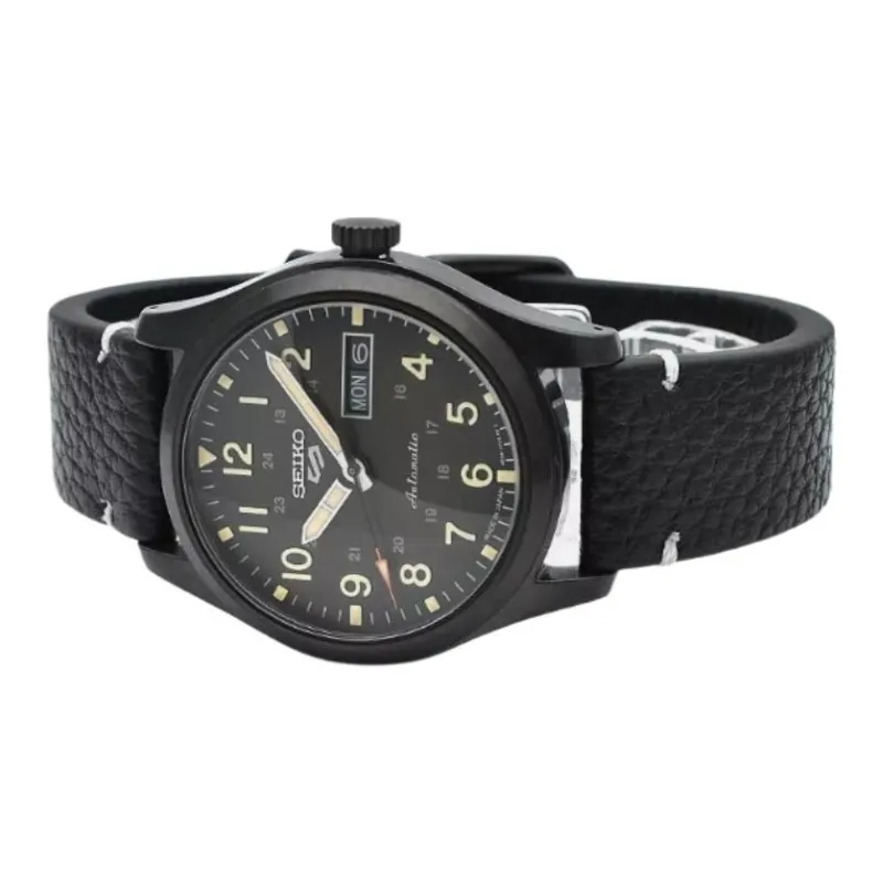 SEIKO Mechanical Movement Genuine Leather Strap Watch Men's Watches Black Dial-1