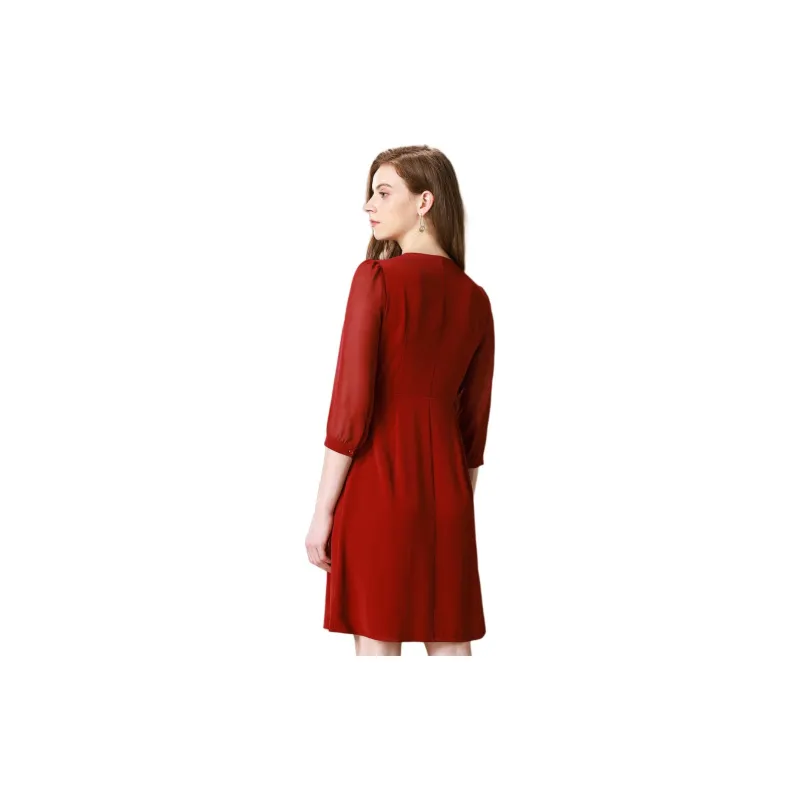 FENHONGMALI Long Sleeved Dress Women's Red-1