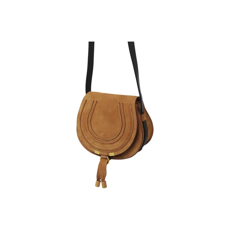 Chloe Marcie Suede Calfskin Saddle Bag Crossbody Shoulder Bag Small Size Women's Tan-1
