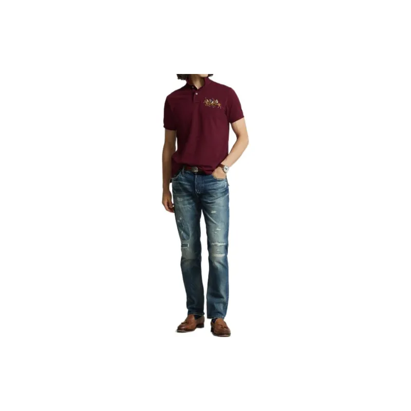 Polo Ralph Lauren FW22 Custom Slim Fit Solid Color Three Horse Pony Short Sleeved Men's Red-3