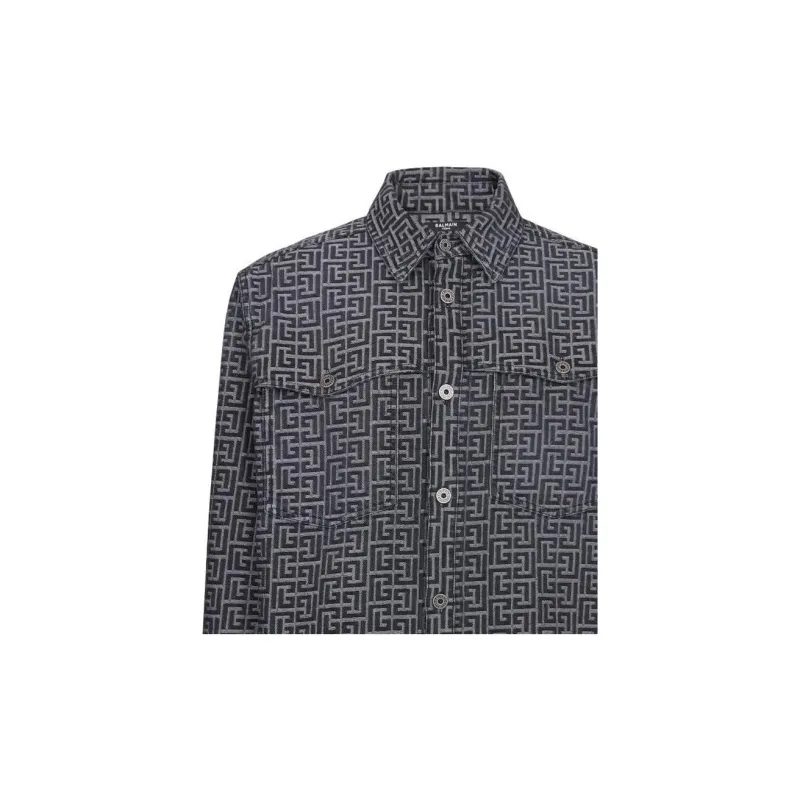 BALMAIN Monogrammed Jacquard Denim Shirt-7