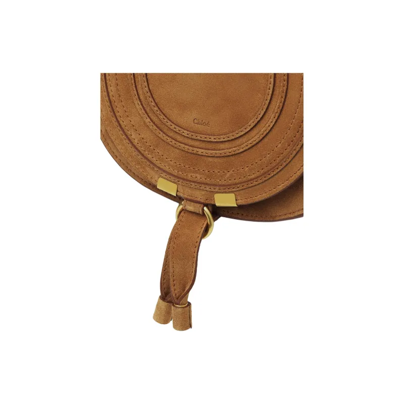 Chloe Marcie Suede Calfskin Saddle Bag Crossbody Shoulder Bag Small Size Women's Tan-3