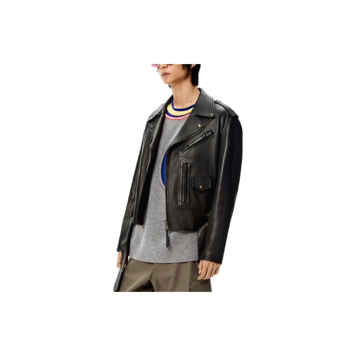 LOEWE Zip-Up Long Sleeved Leather Biker Jacket - POIZON
