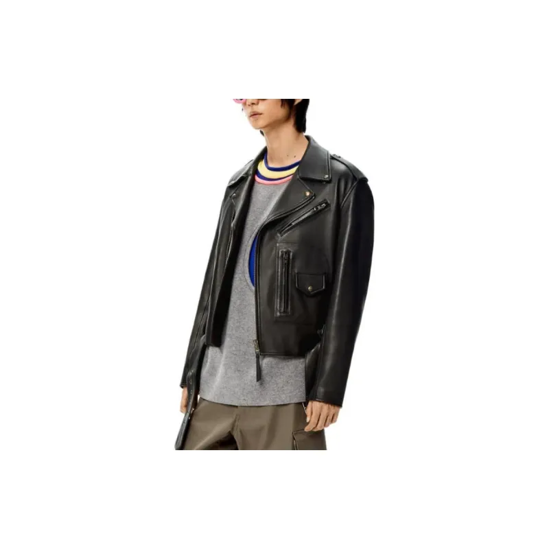 LOEWE Zip-Up Long Sleeved Leather Biker Jacket-3