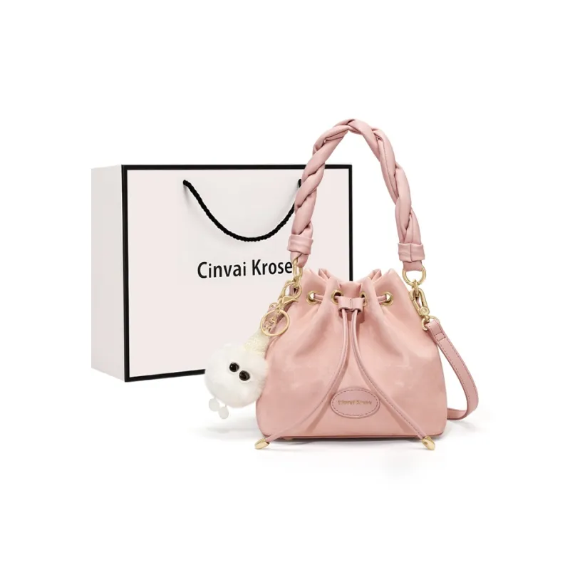 CinvaiKrose PU With Synthetic Leather Bucket Bags One Shoulder Handbags Small Size Women's Cream White/Pink/Black-5