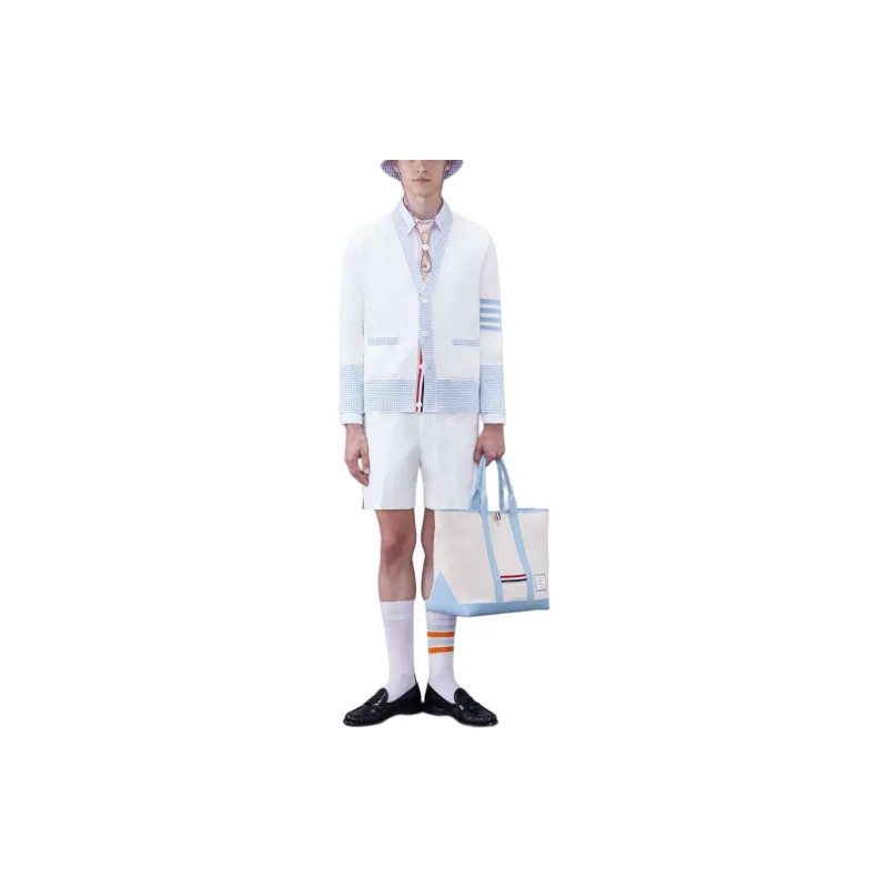 THOM BROWNE· Cotton 4 Bar V Neck Hector Cardigan Knitwear Men's White-1