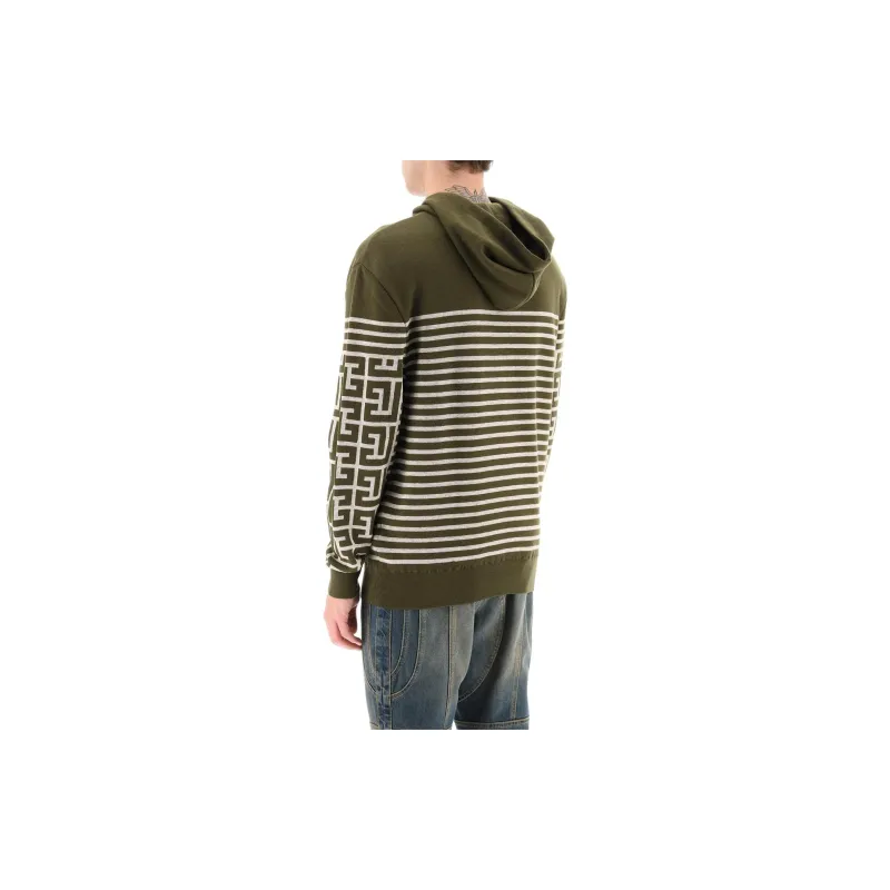 BALMAIN Monogram Stripe Knit Hoodie-2