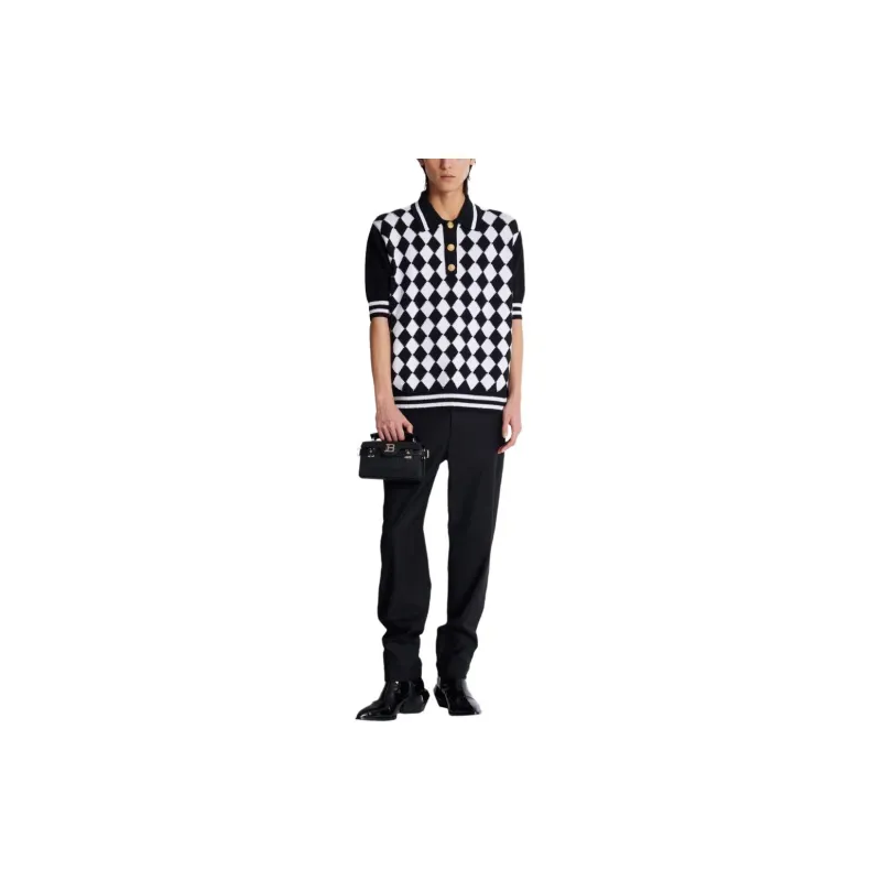 BALMAIN Diamond Pattern Knit Polo Shirt-4