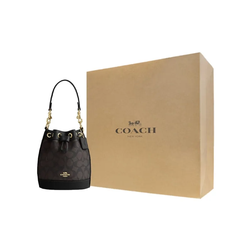 COACH Dempsey PVC With Leather Bucket Bag, One Shoulder Handbag, Crossbody Bag Mini Women's Dark Brown-8