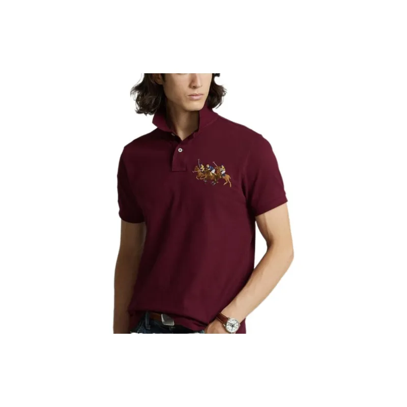 Polo Ralph Lauren FW22 Custom Slim Fit Solid Color Three Horse Pony Short Sleeved Men's Red-4