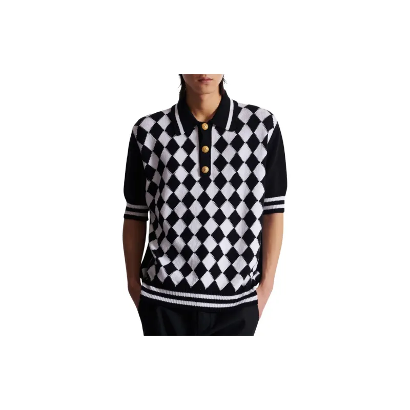 BALMAIN Diamond Pattern Knit Polo Shirt-2