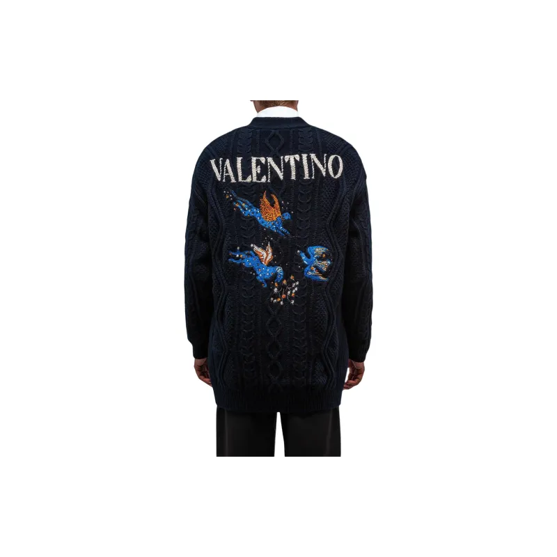 Valentino Navy Blue Utopia World Wool Cardigan Sweater Men's Blue-3