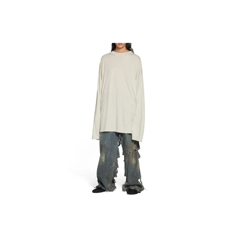 Balenciaga Solid Color Crew Neck Pullover Long-Sleeved T-Shirt Unisex Ecru Loose Fit Style-3