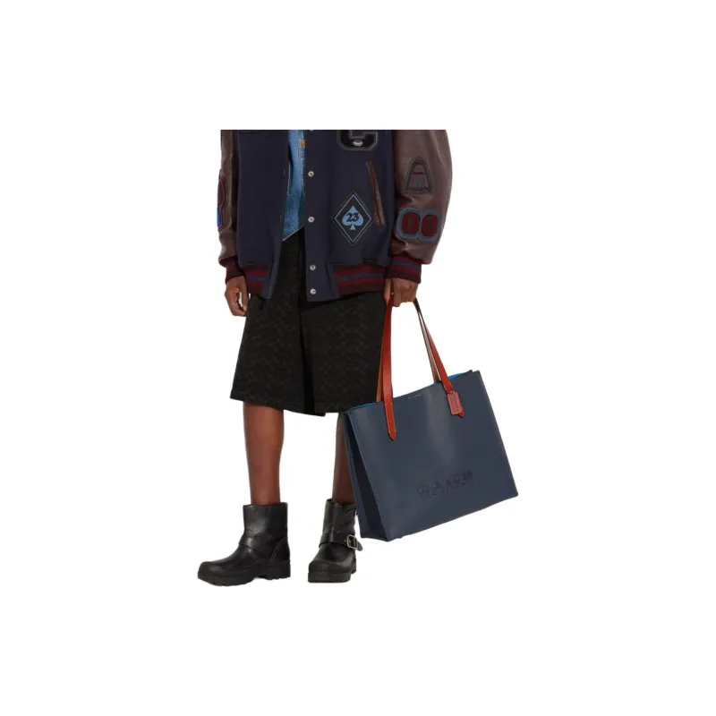 COACH Pebbled Leather With Wax Plant Leather And Coated Canvas One Shoulder Handbag Tubas Men's Denim Blue-3