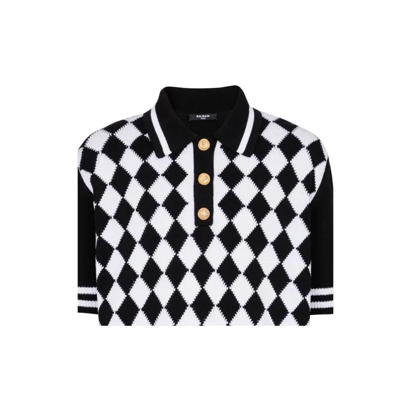 BALMAIN Diamond Pattern Knit Polo Shirt-7