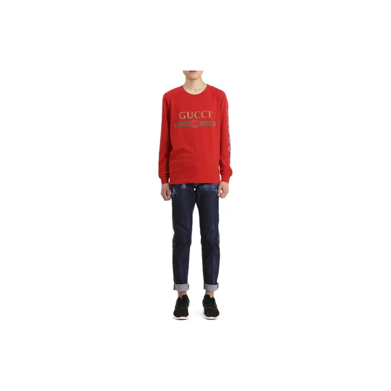GUCCI Men Letter Print Pullover Crewneck Sweatshirt Red-1