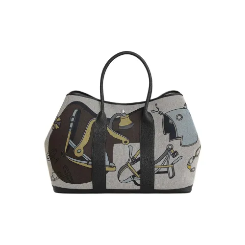 HERMES Garden Party Canvas With Negonda Calfskin Garden Bag, Canvas Bag, Handbag Women's Gray & Black